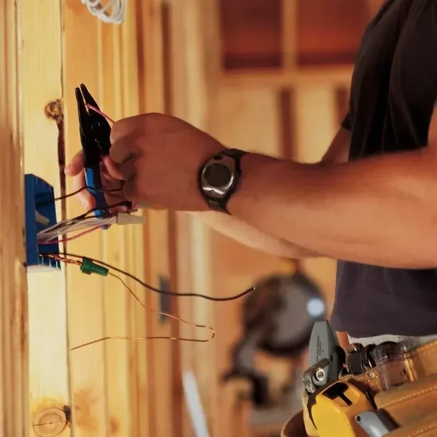 A person working on electrical wiring in a wooden wall, holding a multimeter or similar tool.