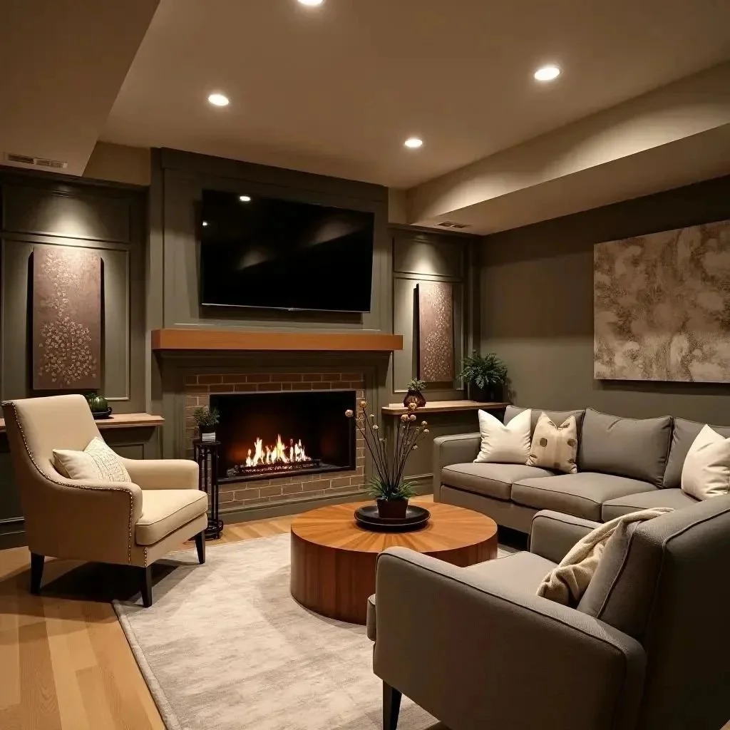 Living room with a fireplace, mounted TV above, beige armchair, gray sofa with pillows, wooden coffee table, and wall art, illuminated by overhead recessed lighting.