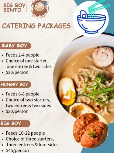 Some of you have already enjoyed our delivery service, but did you know we also cater? We are always here to make any occasion a special one! Pick from one of our three Big Boy options and leave the cooking to us! 

Please order 72hrs in advance so w