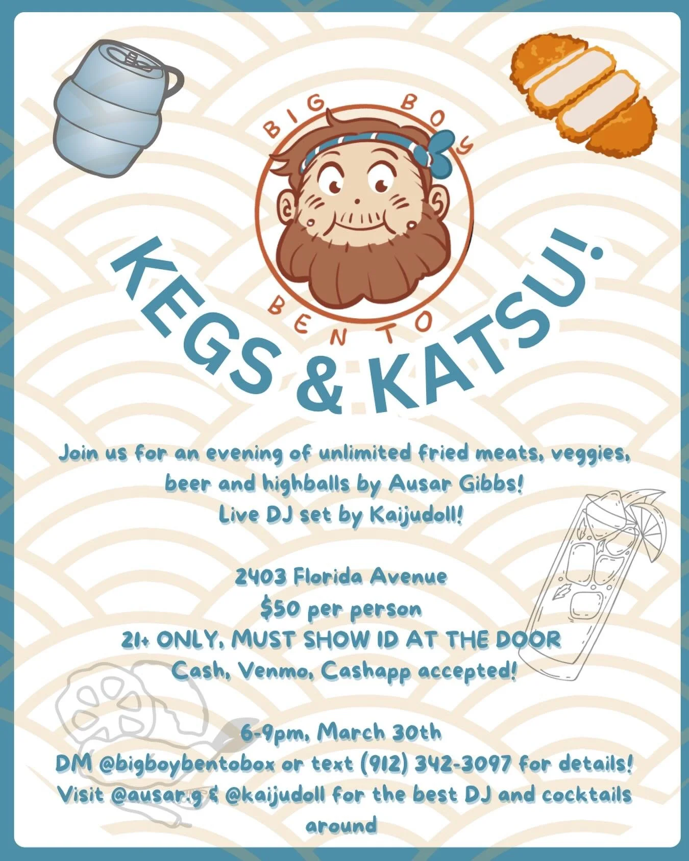 Come join us for the social event of the season! Kegs and Katsu! We will be frying up mounds of fried meats and vegetables, piles of rice, and a waterfall of beers and handcrafted highballs by the master himself @ausar.g! All of this set to the entra