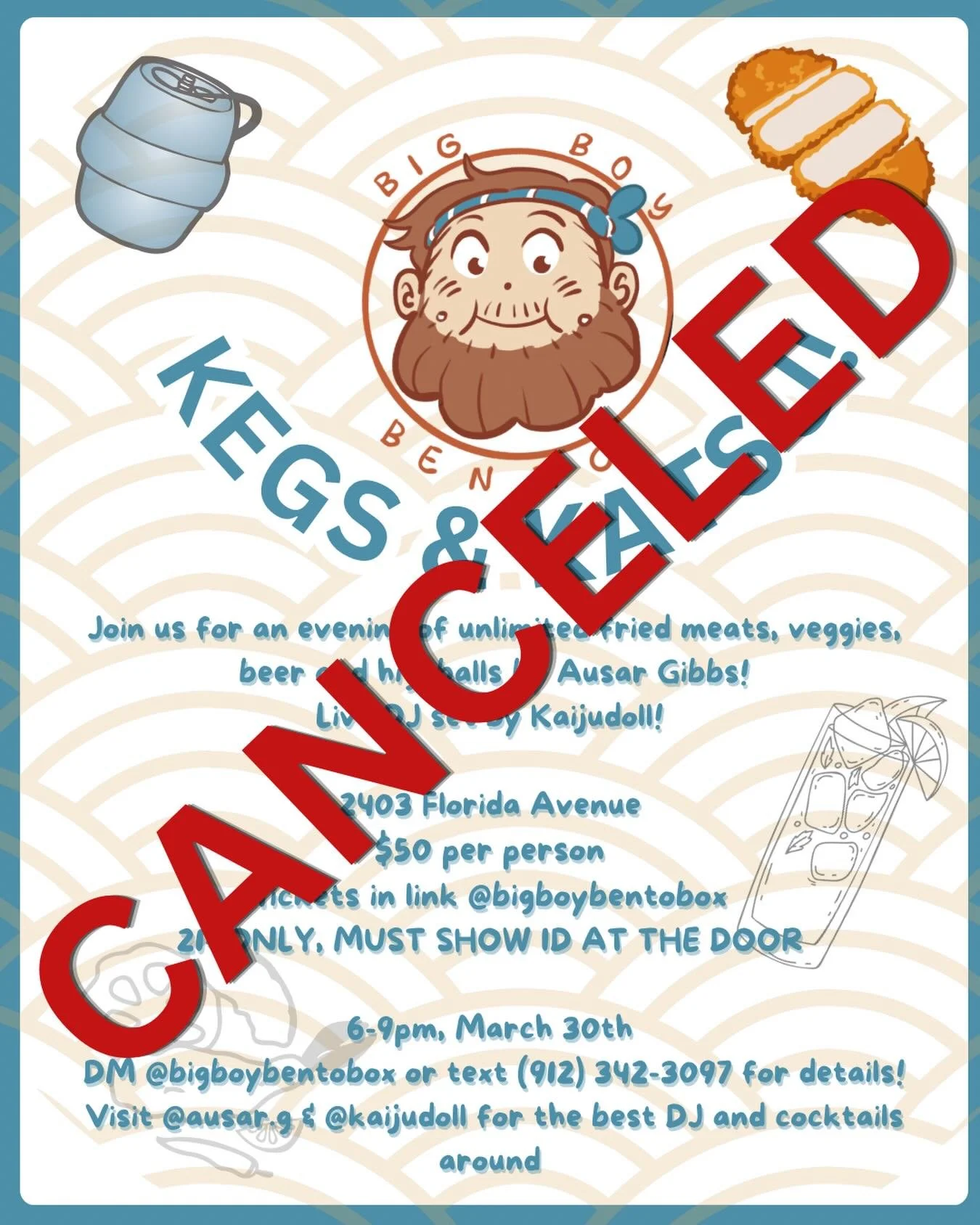 Hello all! I say this with a sad heart that Kegs &amp; Katsu will be canceled this Monday. Life has thrown some curveballs our way and we decided it would be better to forego this event. Thank you all for the support and shares and likes. We will reg