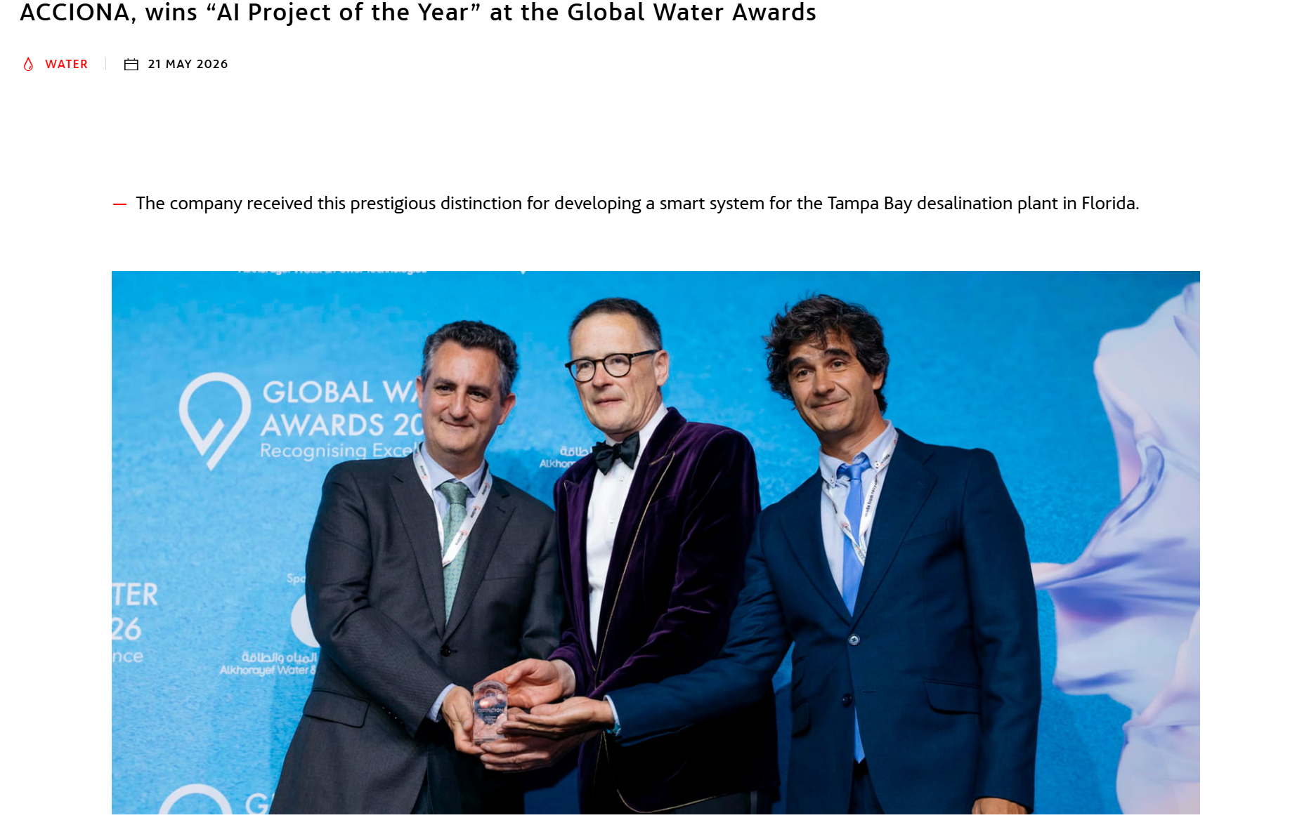 ACCIONA, wins “AI Project of the Year” at the Global Water Awards