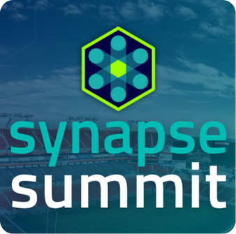 Logo for Synapse Summit featuring a hexagon shape with a central yellow dot surrounded by six teal dots and the text 'synapse summit' in teal and white over a cloudy sky background.