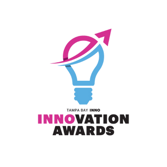 A logo for 'Innovation Awards' featuring a light bulb with a blue filament and an upward-pointing arrow in pink, combined with the words 'INNO' in pink and 'VATION AWARDS' in black.