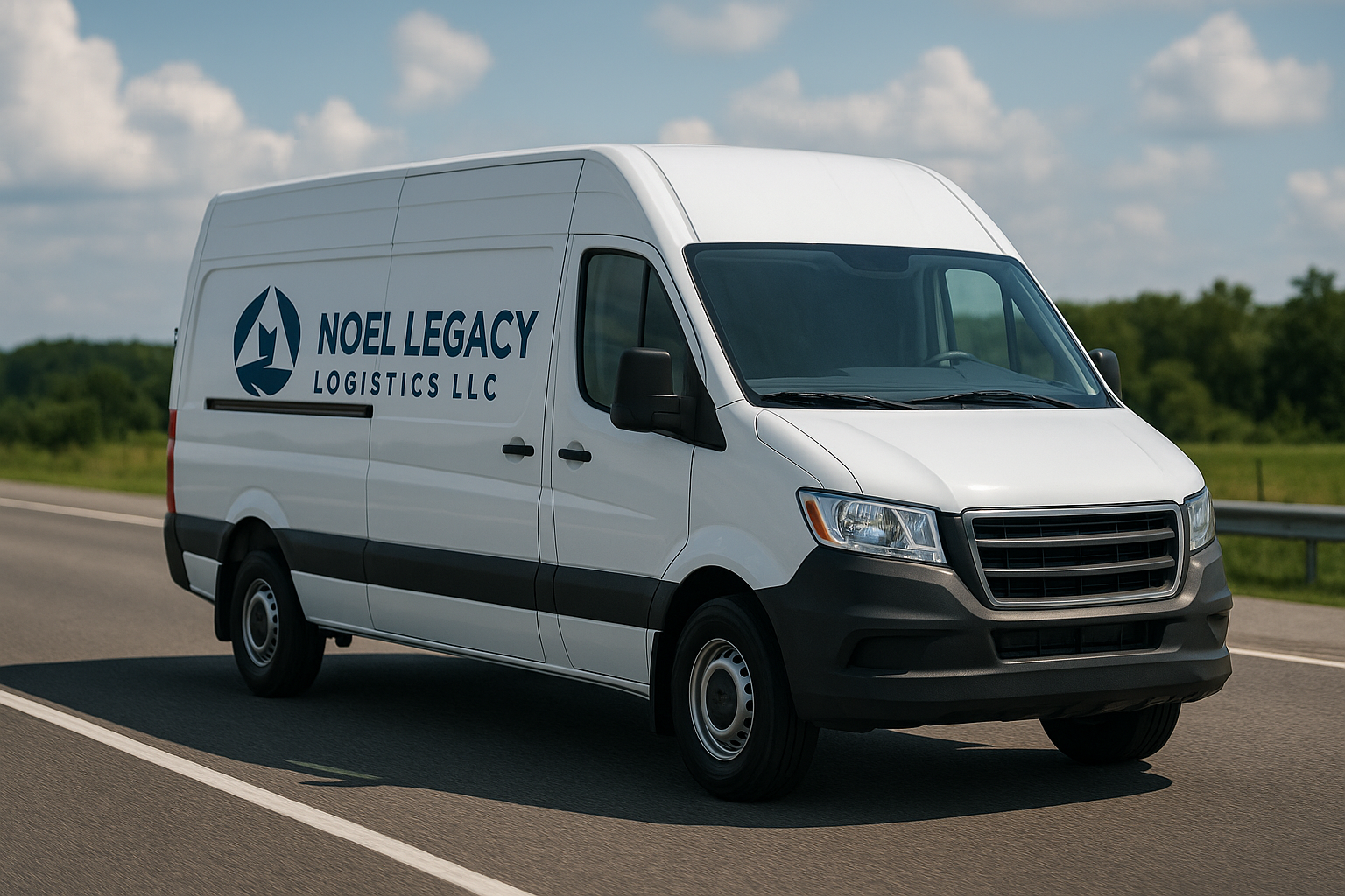 White delivery van with Noel Legacy Logistics LLC logo and name driving on highway under blue sky with clouds