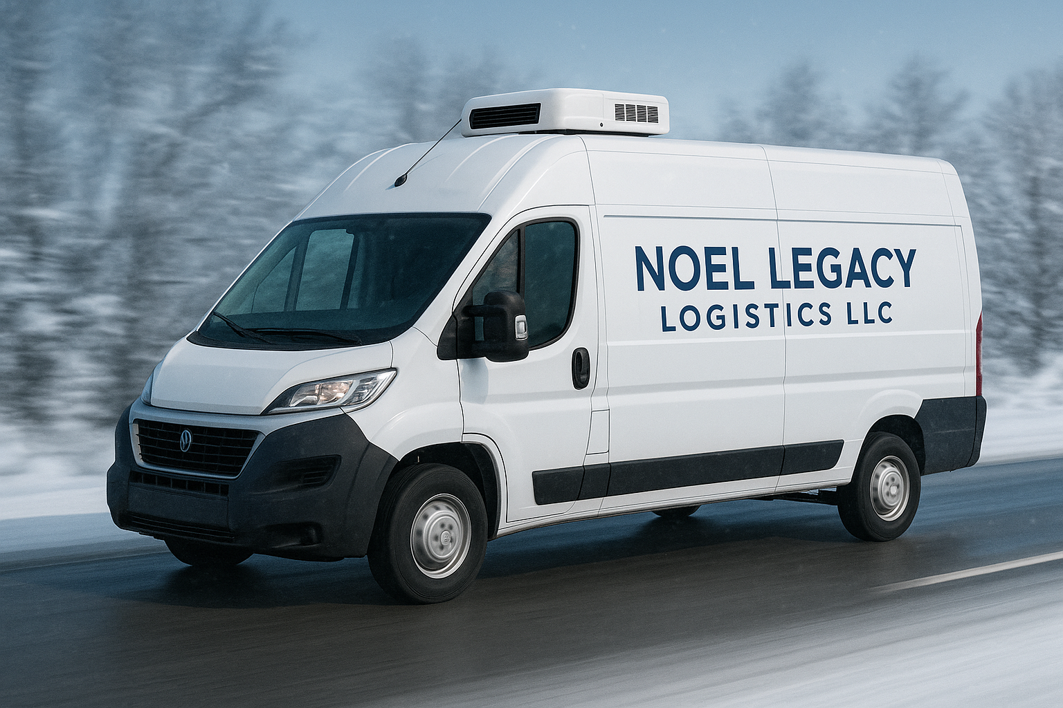 A white logistics van with 'Noel Legacy Logistics LLC' written on the side driving on a snowy road.