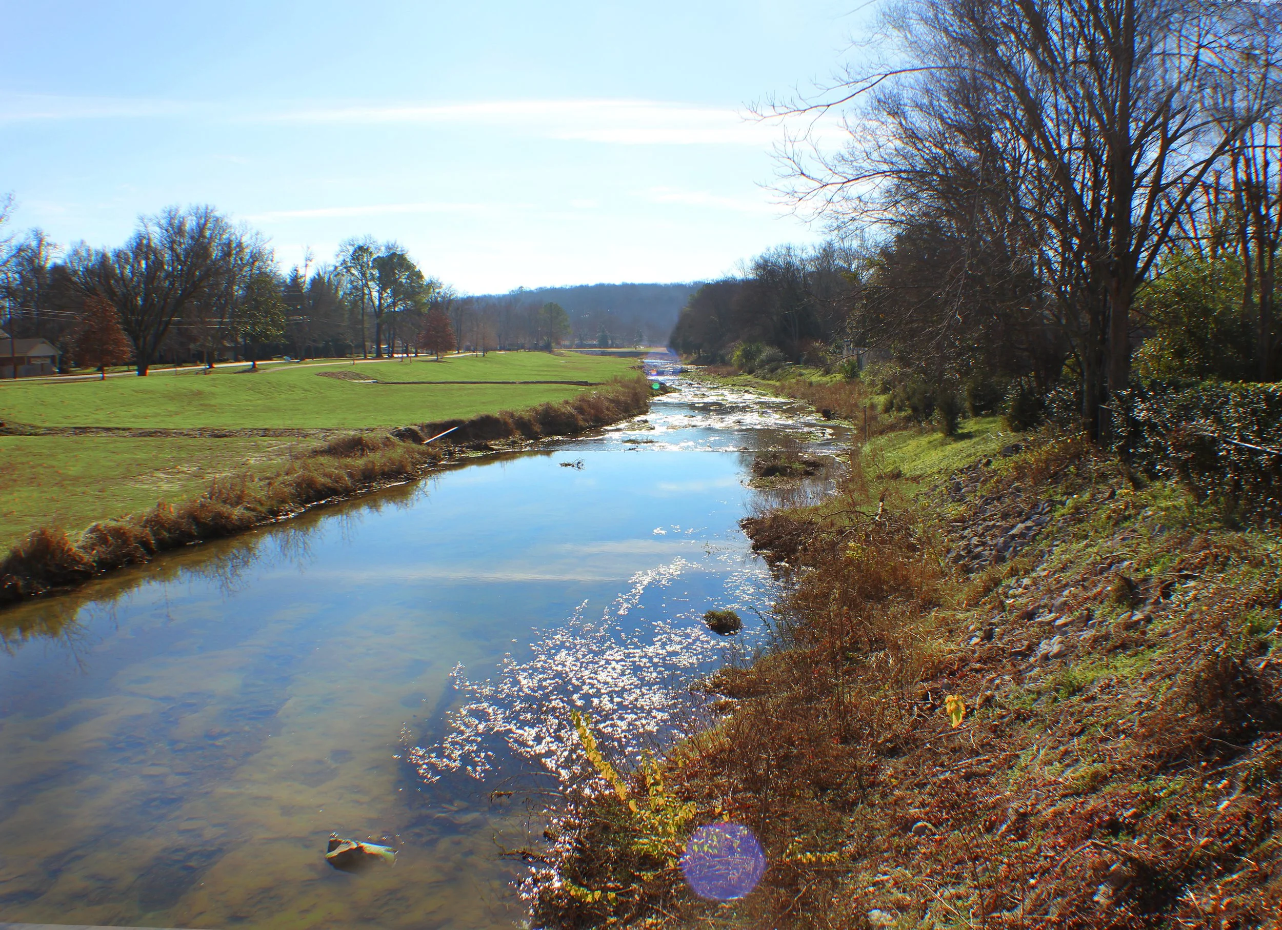 A river flowing through a park with grassy areas and trees, some with leaves and some without, under a clear blue sky.