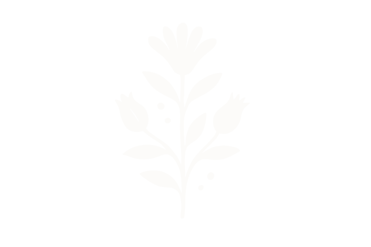 Black background with white stylized floral design featuring a central stem with leaves and three flowers at different stages of bloom