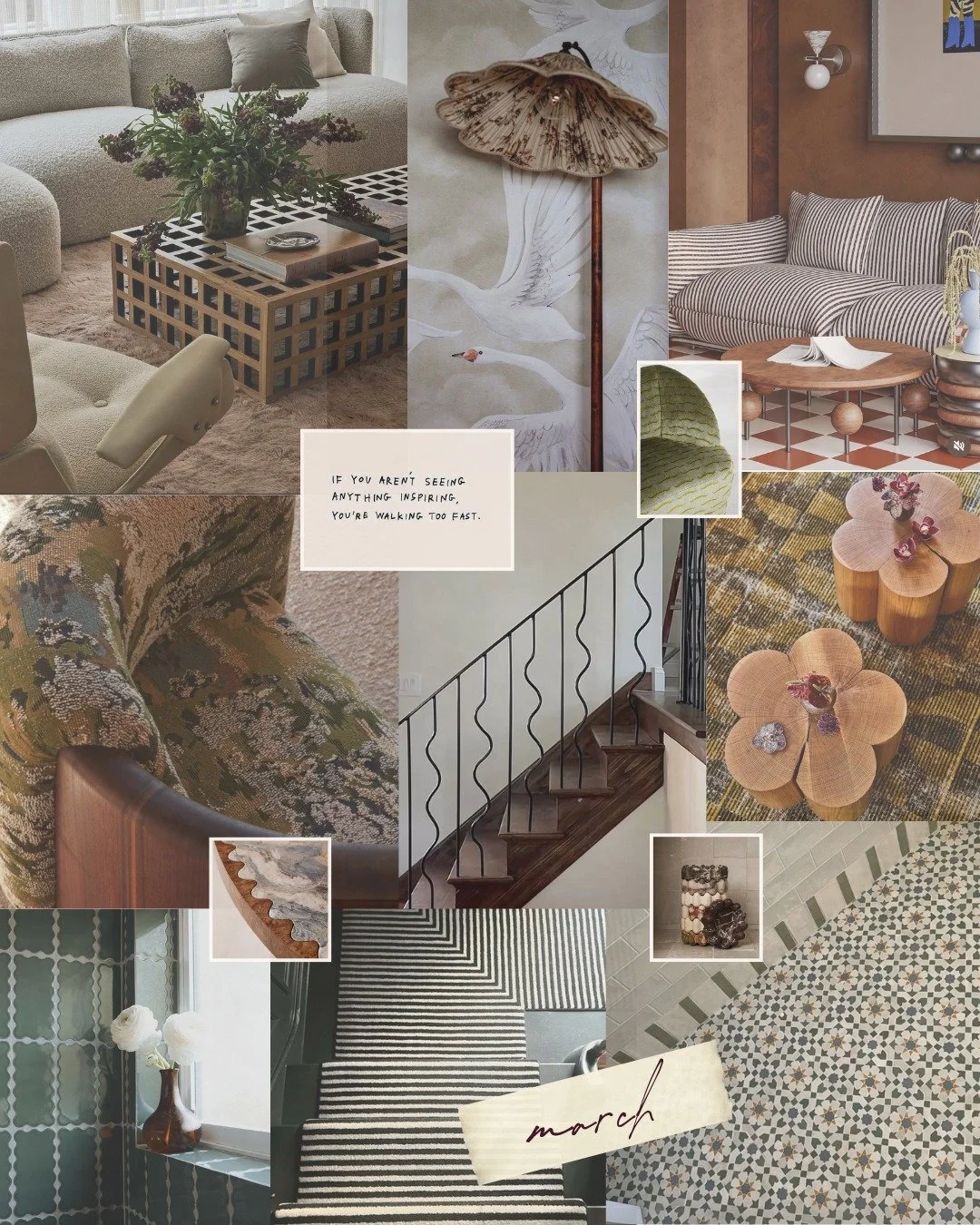 March Mood: plush fabrics, warm woods, soft stripes, beautiful lighting, and those delicate architectural details that make a big impact.⁠

The little things are never really little.

What are you loving lately? 👇
.
.
.
#marchmoodboard #interiormood