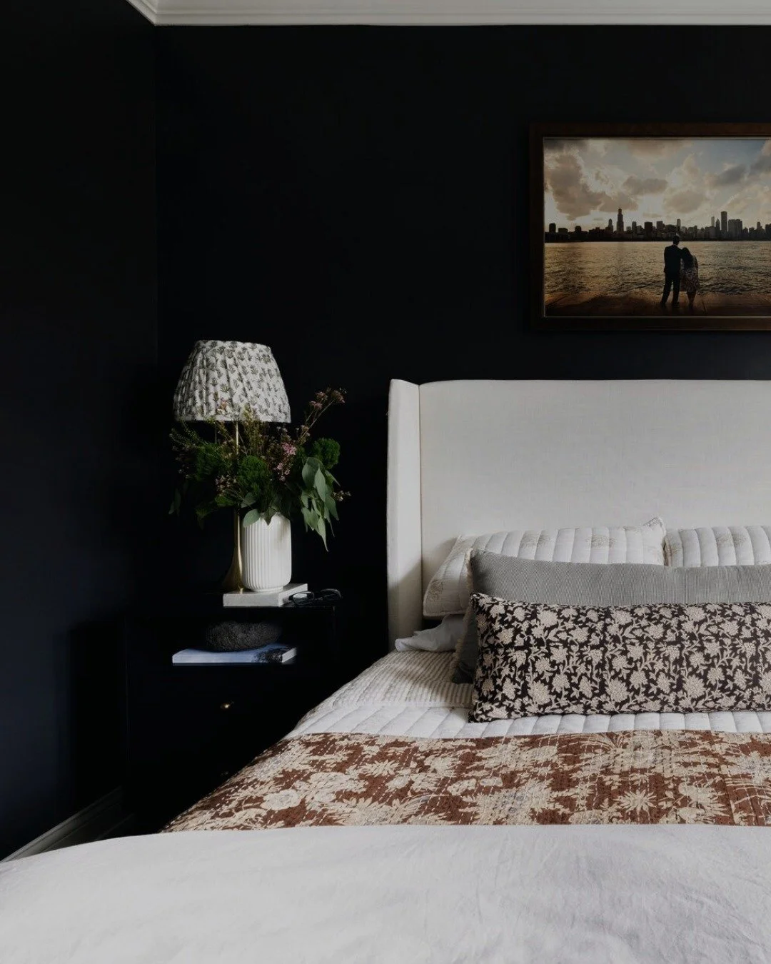 Unpopular opinion: not every bedroom needs to be bright, white, and pretending to be a spa.⁠
⁠
Sometimes deeper tones, softer lighting, and a few interesting textures make a bedroom feel calmer and a lot more interesting.⁠
⁠
And a cutie little pleate