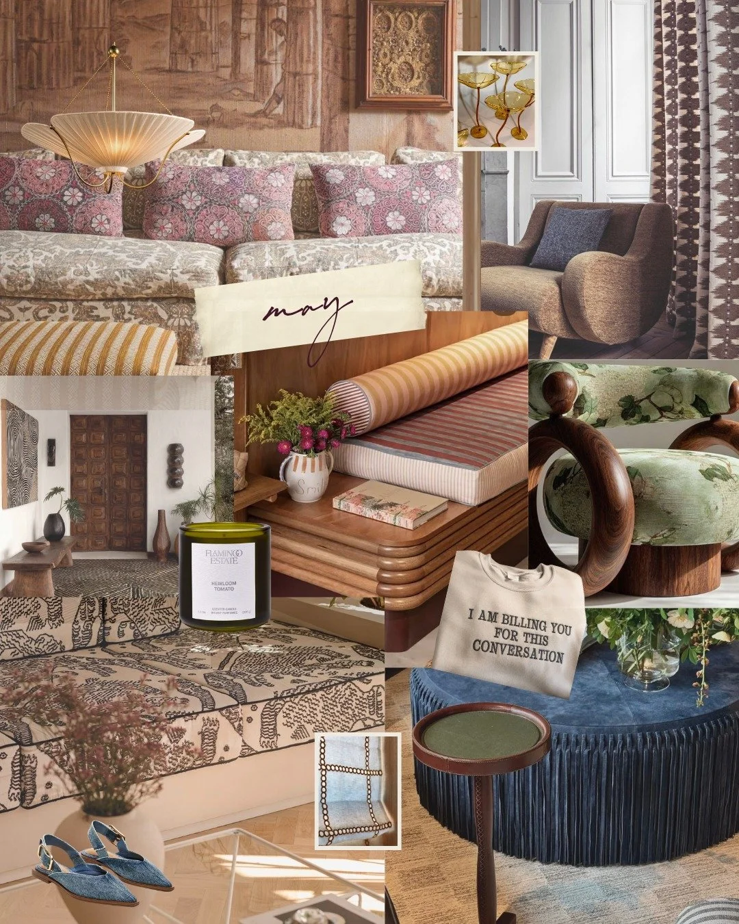 Happy May (and TGIF)! 🤎⁠
⁠
This months moodboard:⁠
&rarr; pattern on pattern⁠
&rarr; deep wood tones⁠
&rarr; fringe on absolutely anything⁠
&rarr; a sweatshirt I'm highlyyyy considering ordering 🫠⁠
⁠
No theme. No plan. Just the stuff that stopped m