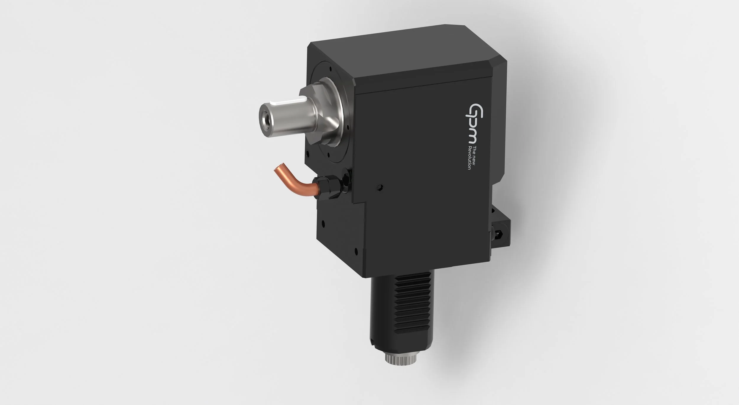 A black industrial 90-degree tooling with a silver shaft and a copper pipe connector against a plain light background.