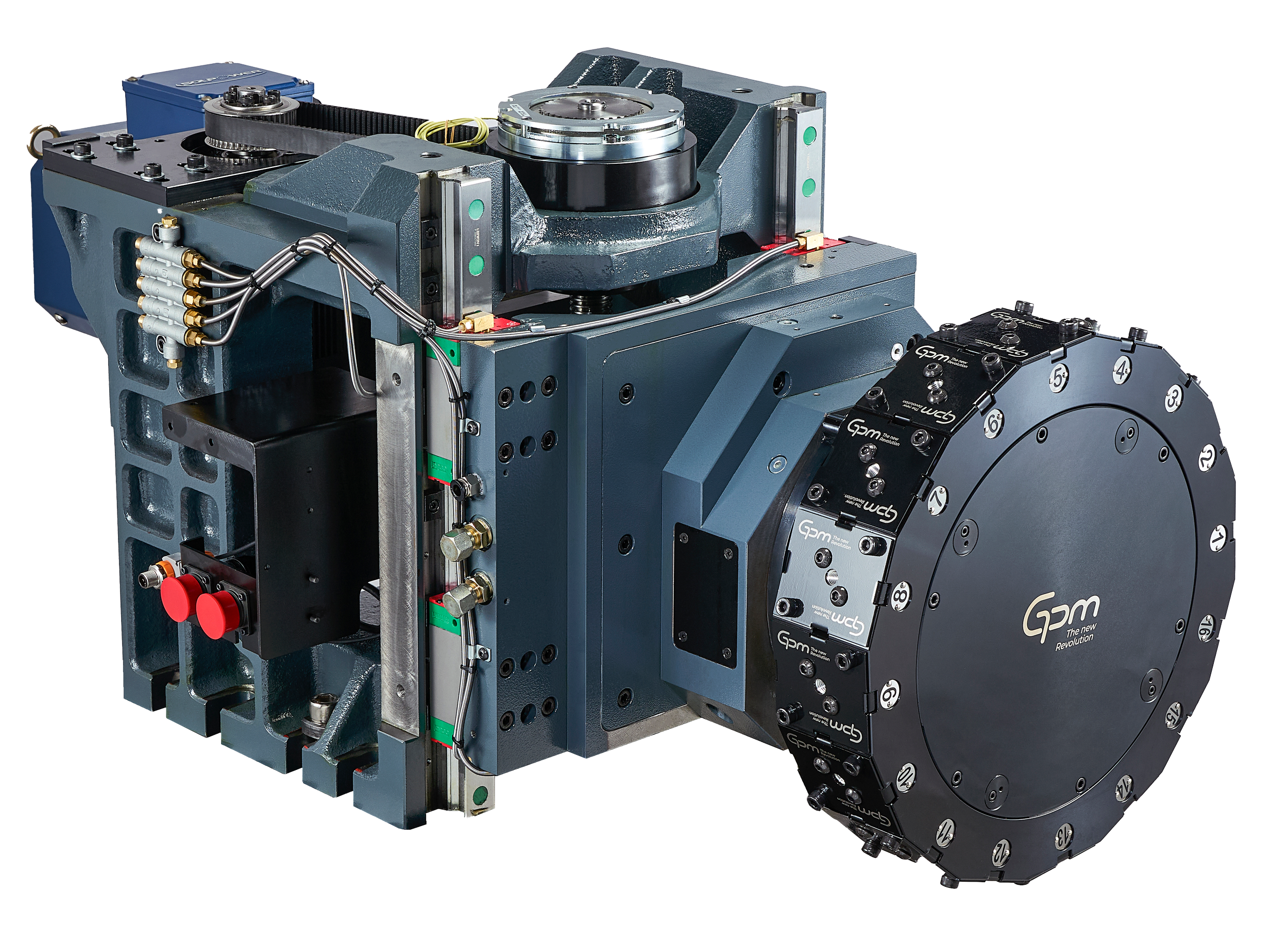 A large, complex Turret with extra axis and various metal parts, wiring, and a black circular component labeled 'GPM The New Revolution'.