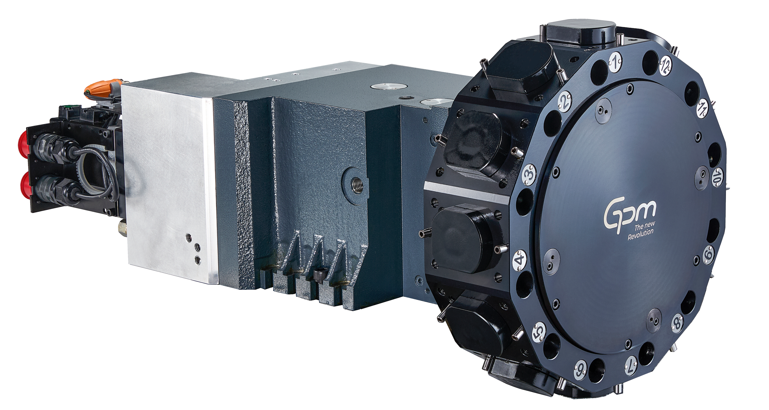 High-resolution image of an industrial Tool Changer (Turret) with a black circular front labeled Gpm The new Revolution, featuring various numbered connectors and a textured metallic body with an electronic Motor attached in the back.