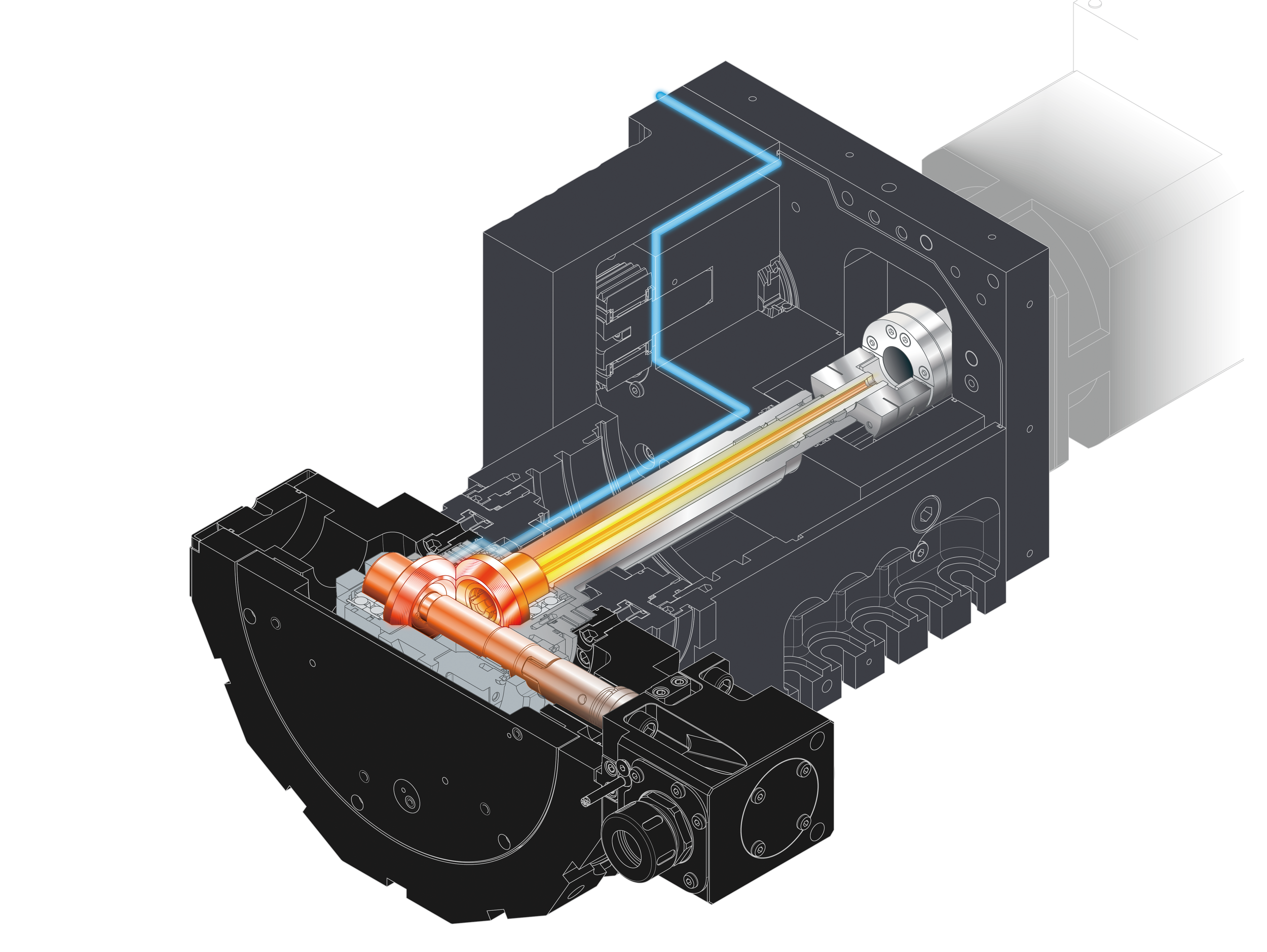 Diagram of a complex industrial machine with glowing orange and yellow parts, highlighted blue pathways, and black and gray structural components.