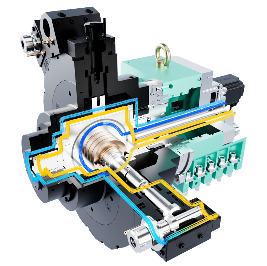 A cutaway view of a mechanical device showing internal components, including a motor, gears, pipes in blue and yellow, and a green circuit board.