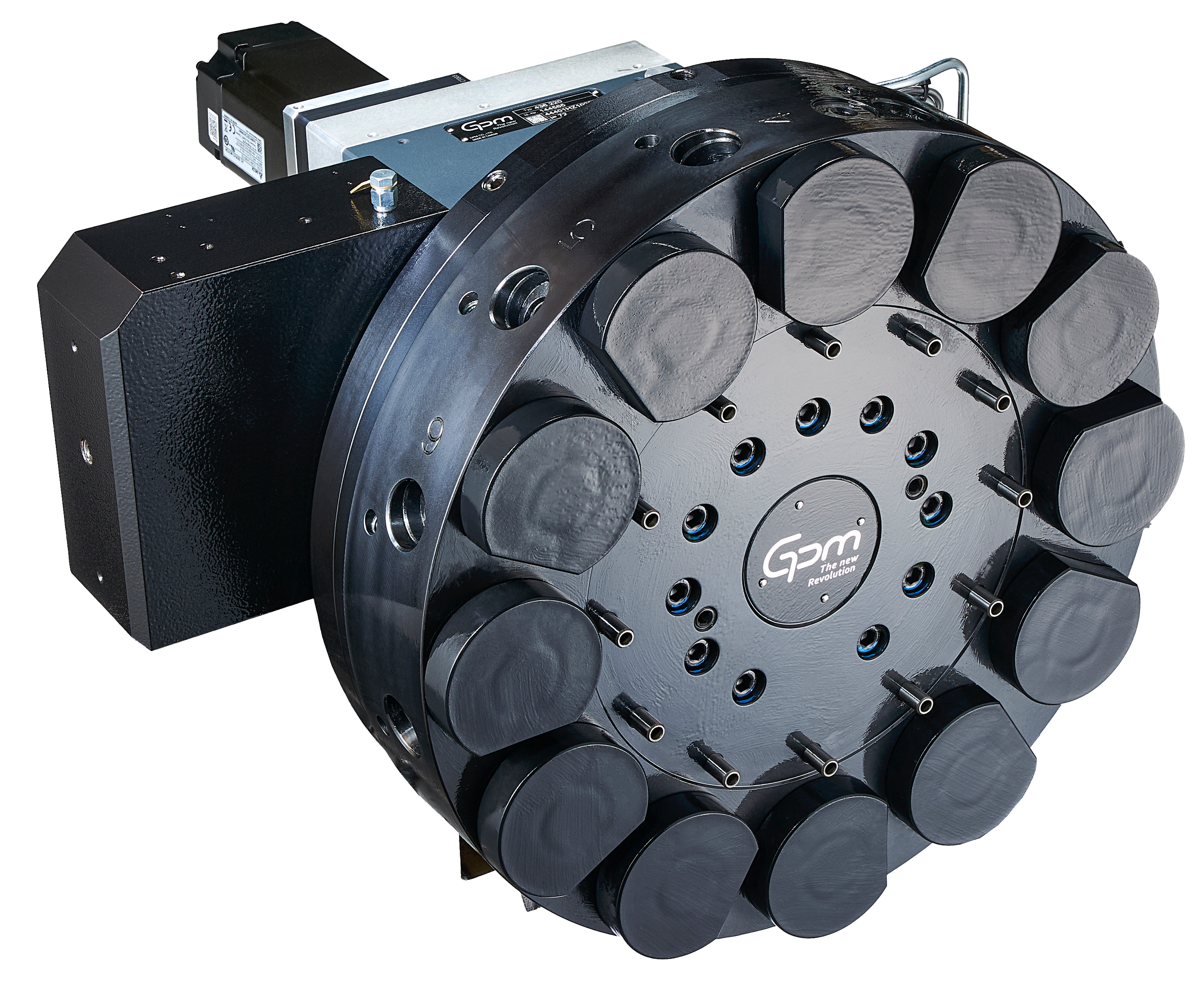 Close-up of a high-tech industrial machine with a large circular component labeled 'Gpm' connected to a rectangular housing, set against a plain background.