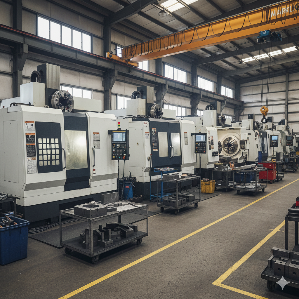 Industrial manufacturing facility with multiple CNC machines aligned in a row inside a large warehouse, with overhead crane equipment and work tables.