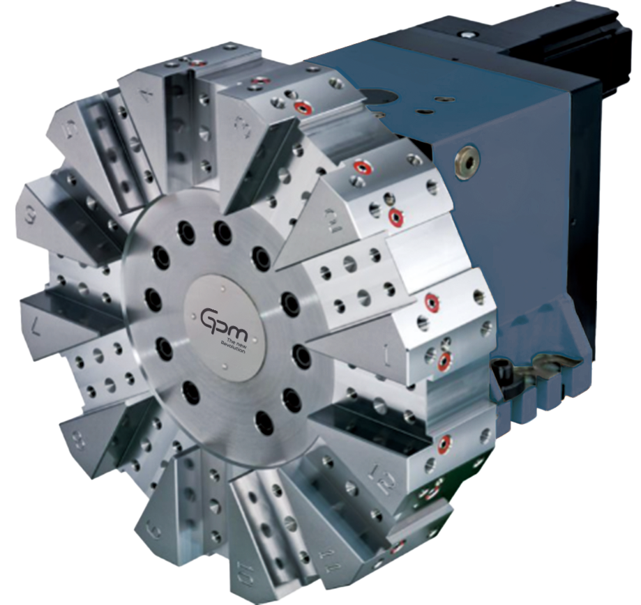 A CNC Tool Turret with a rotating Disk and metal components for precision machining.