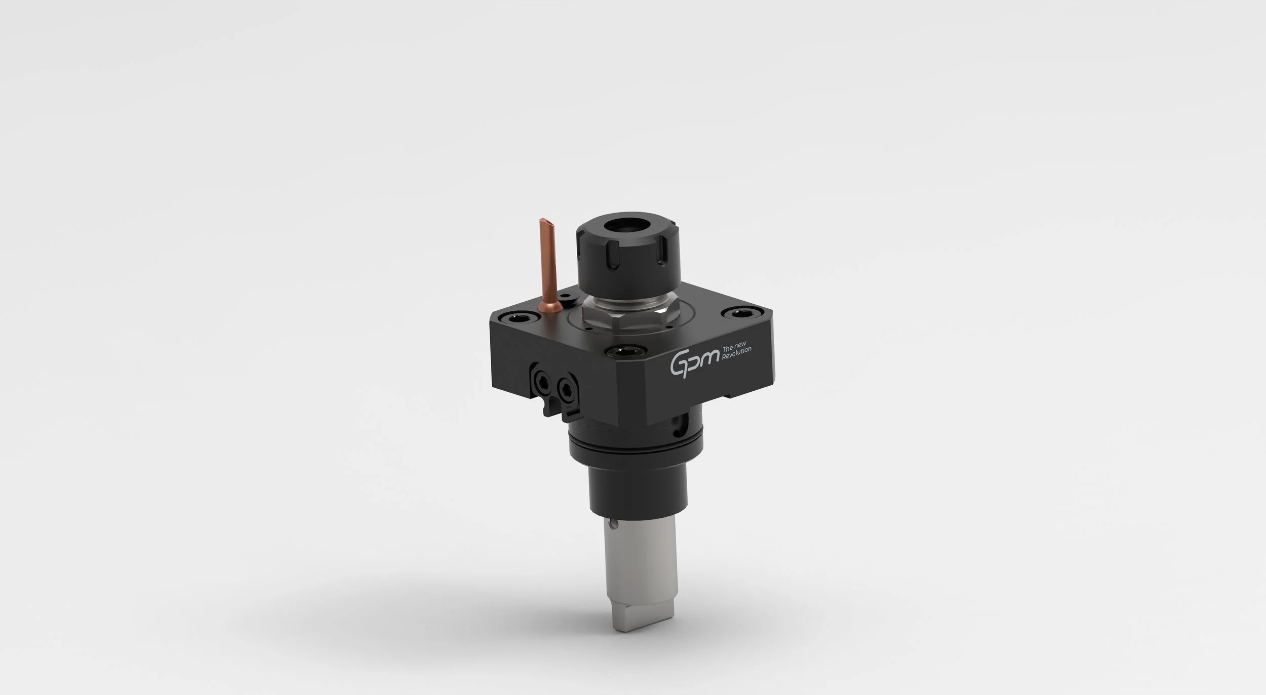 A black industrial tool with a metallic gray spindle and a label reading 'Gpm' on a plain white background.