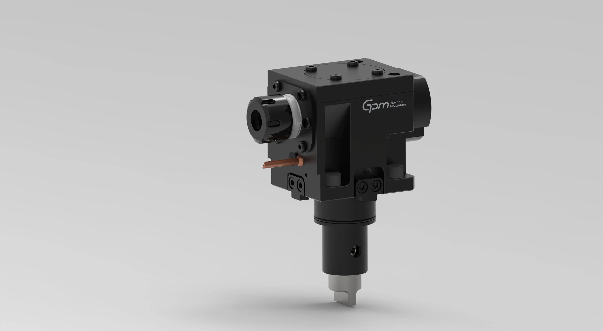 A black industrial component with the brand logo 'Gpm' on it, mounted on a cylindrical base, appears to be a precision part or tool used in manufacturing or machinery.