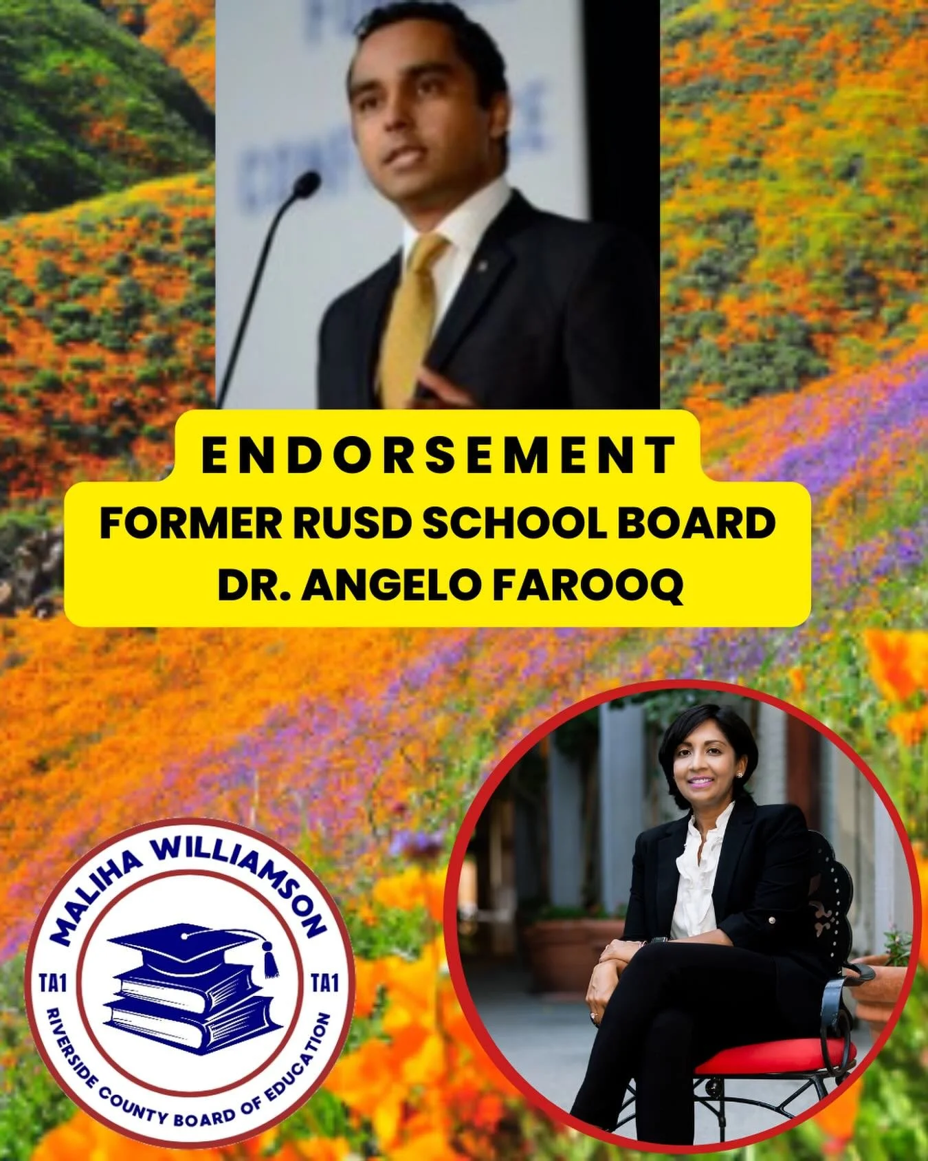 🚨ENDORSEMENT

Retired Riverside Unified School District Board Member, Dr. @angelofarooq, supports Maliha 🙌🙌

Angelo has been a fierce advocate for ensuring all students have access to quality education and Angelo and Maliha hold the same values an