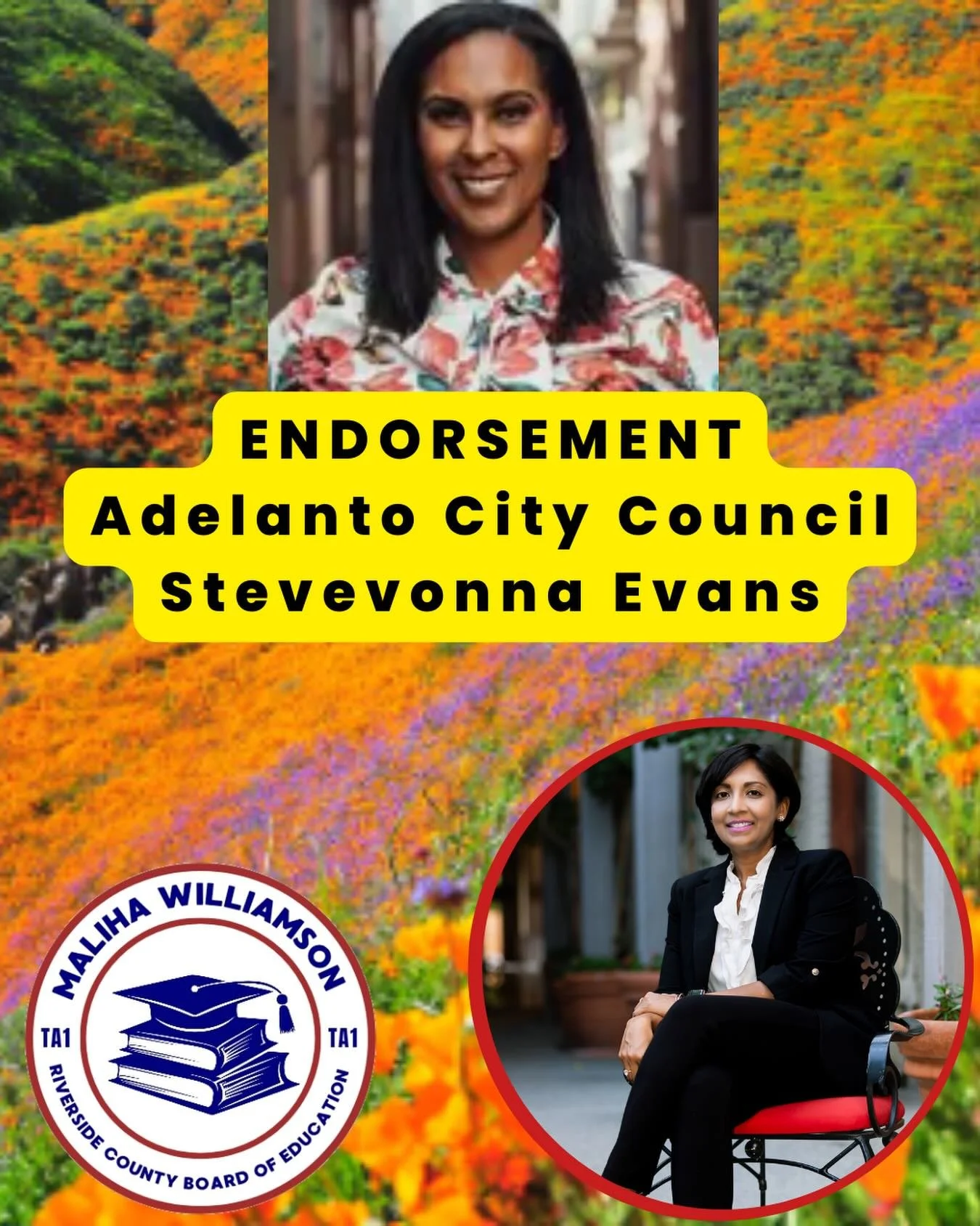 🚨ENDORSEMENT ALERT

Adelanto City Council Member, Stevevonna Evans, @stevevonna, supports Maliha 🙌🙌

Stevevonna is a fierce advocate for the working class people in Adelanto. She&rsquo;s on the city council to bring more transparency and accountab