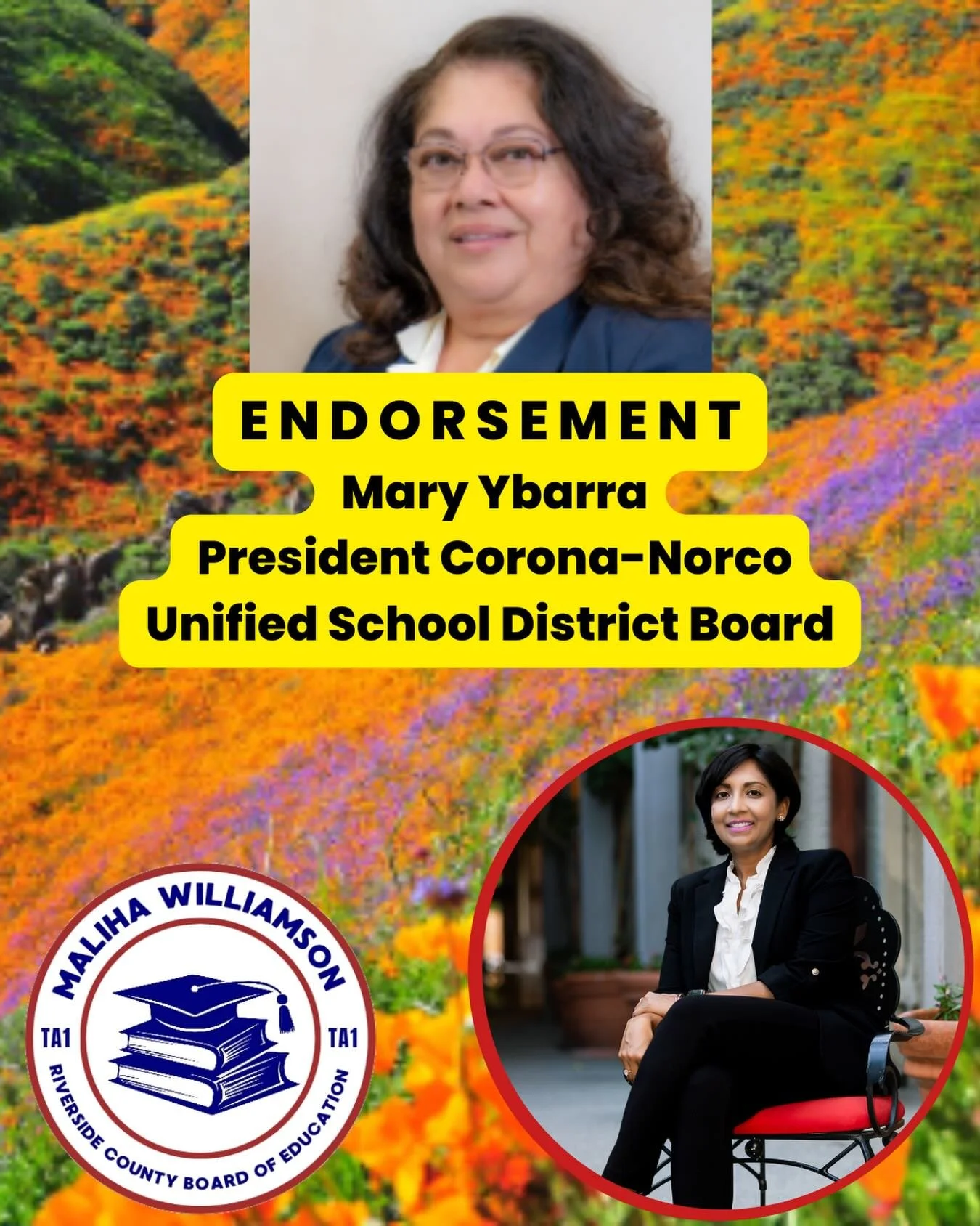 🚨ENDORSEMENT ALERT

Mary Ybarra, President of Norco Corona USD, supports Maliha 🙌🙌

Maliha has resounding support from school board members in her district💕
No other candidate has been able to garner so much support from the school board members 