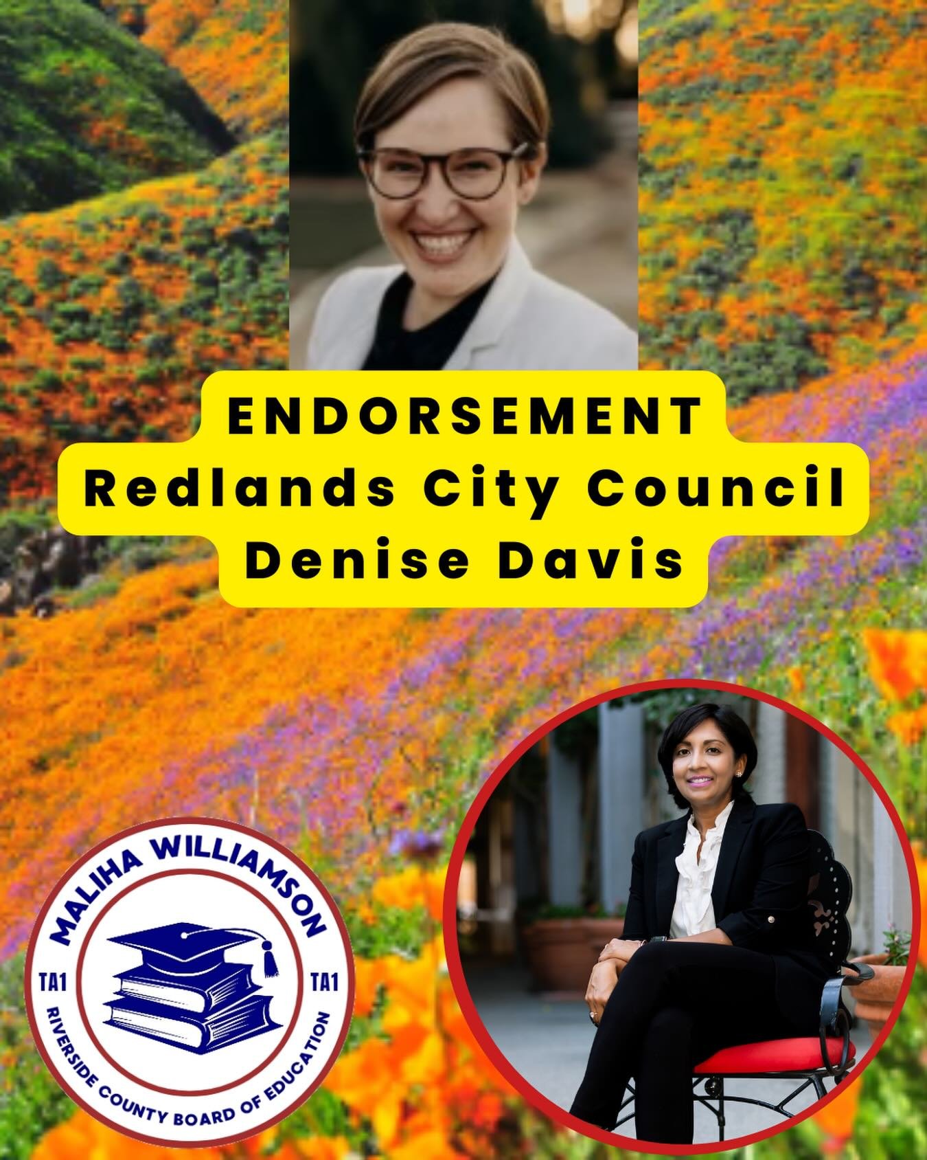 🚨ENDORSEMENT ALERT

@denisedavisforredlands supports Maliha🙌🙌

Denise and Maliha are graduates of the Emerge CA program. They are very involved in their communities and serve as mentors to countless people.

In her city council position, Denise un