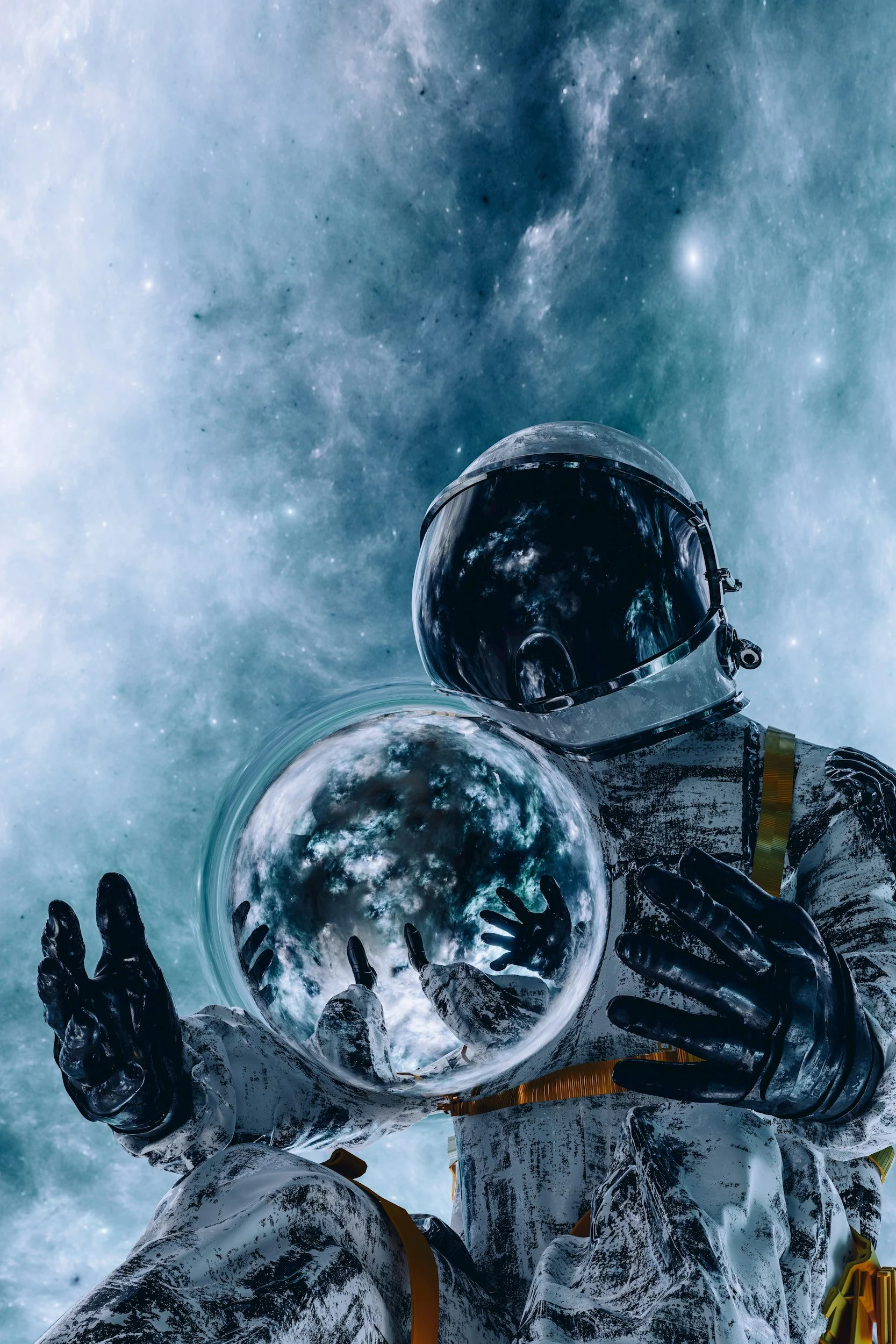 Astronaut in space holding a reflective sphere with Earth in the background