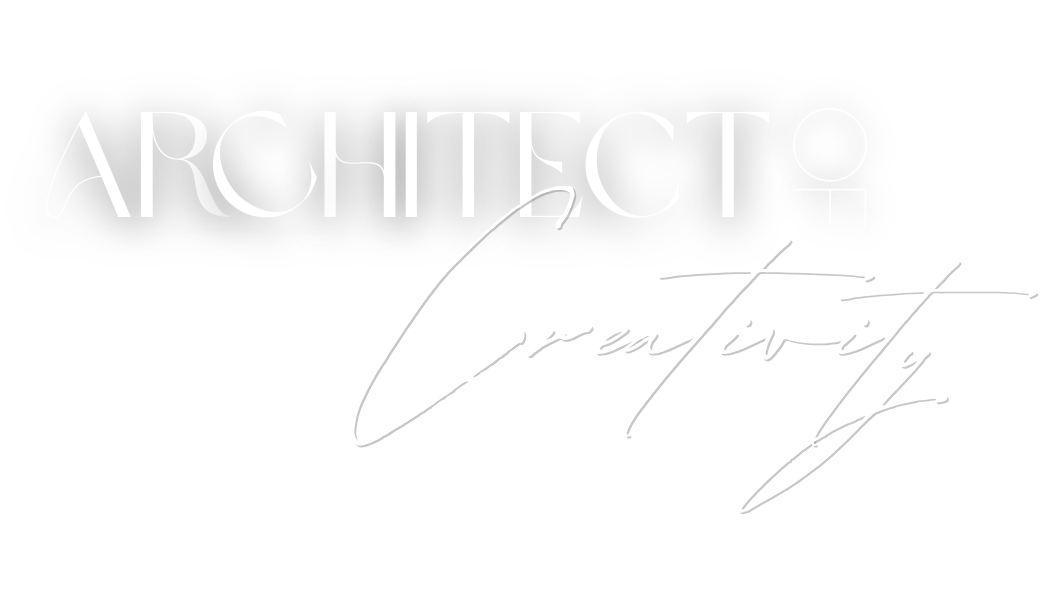 Graphic design with the words "ARCHITECT create" in stylized fonts, with a black background and layered white and gray text.