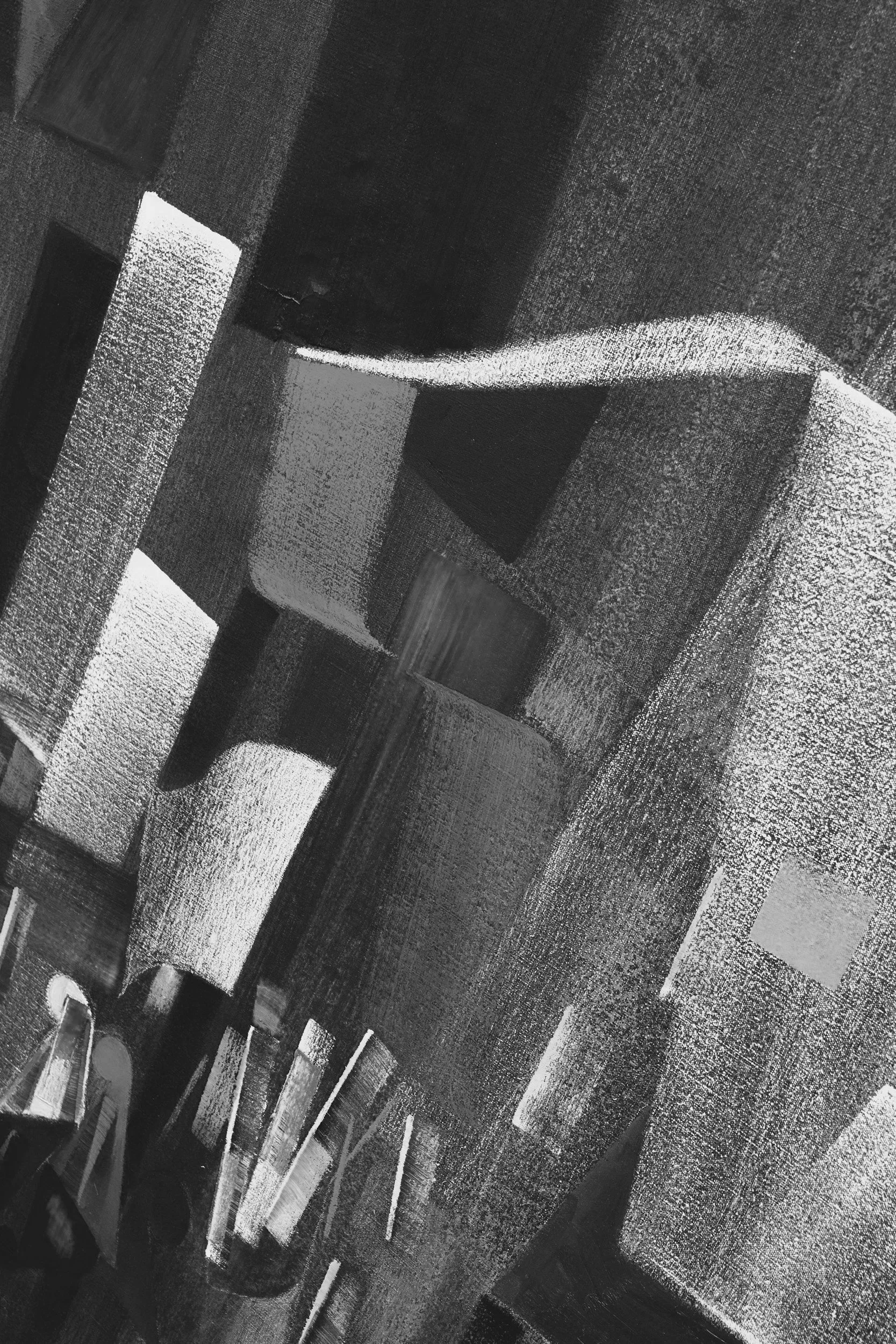 Abstract black and white textured geometric pattern with rectangles and various shapes.