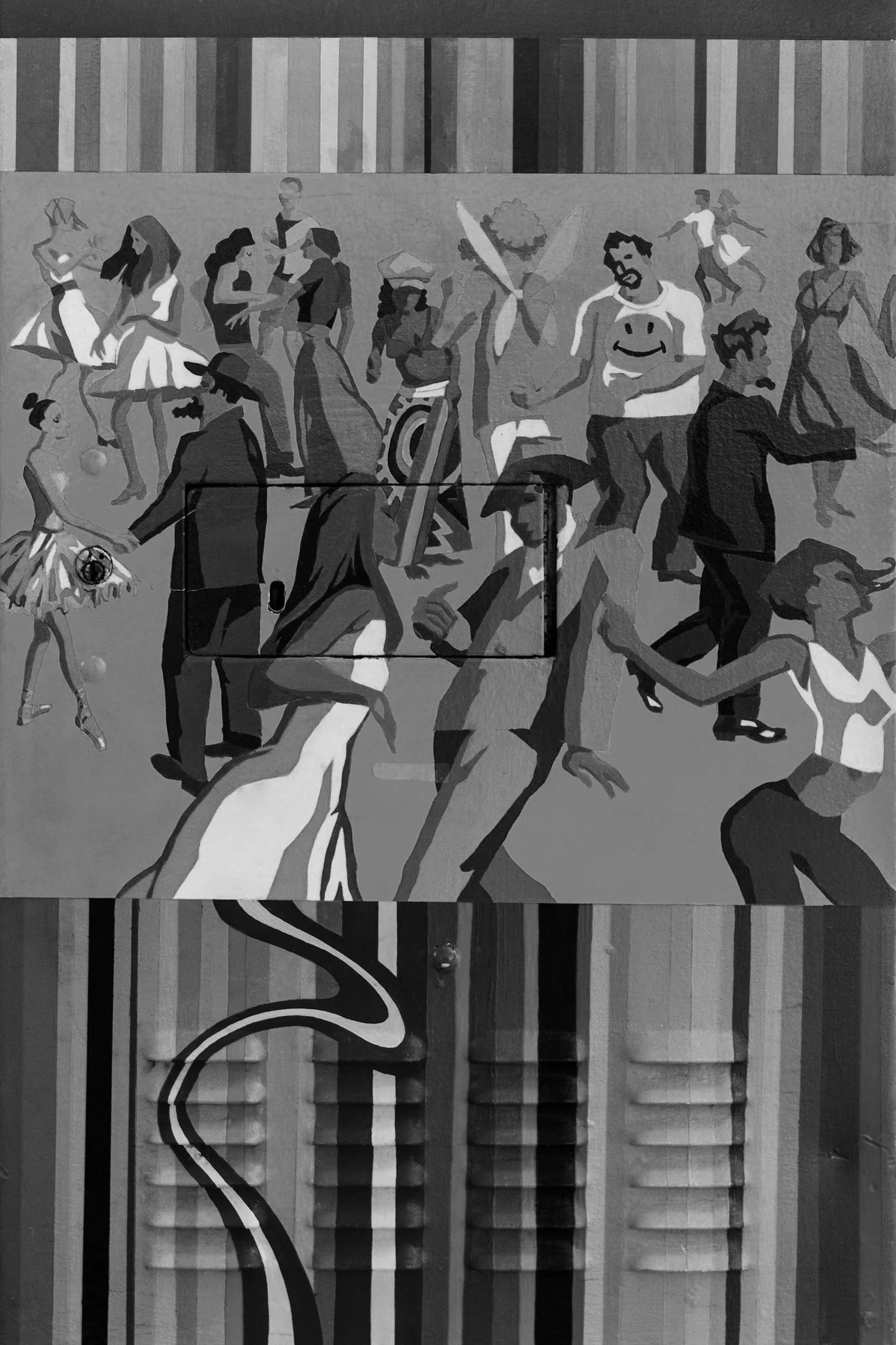 A black and white mural of various people dancing and socializing, with a section of the wall below featuring a curved line design.