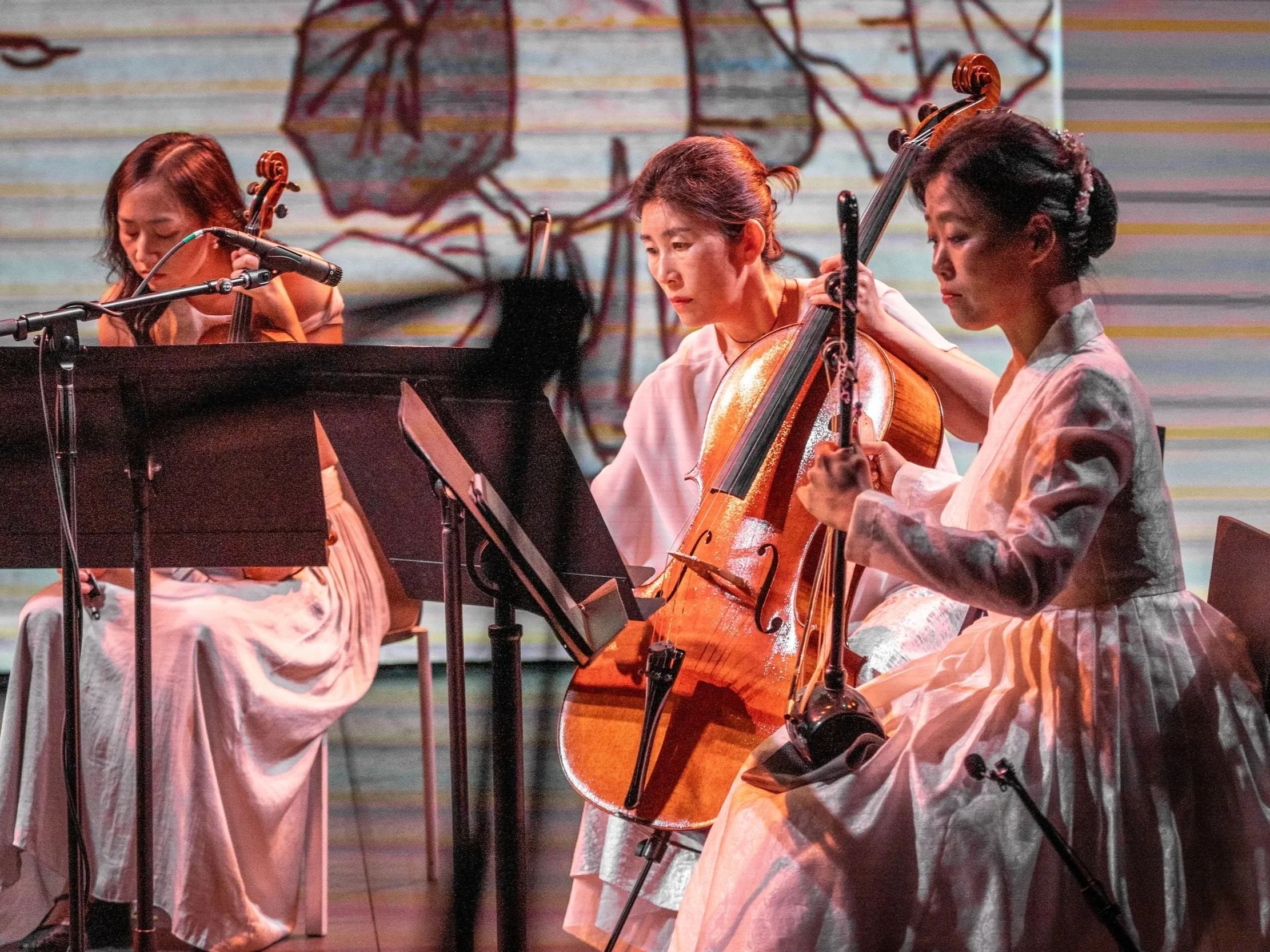 Photo of Calling of the Whales performance from Strings Attached Across the Pacific, composed and produced by Hee Yun Kim; Elevator Project at AT&T Performing Arts Center