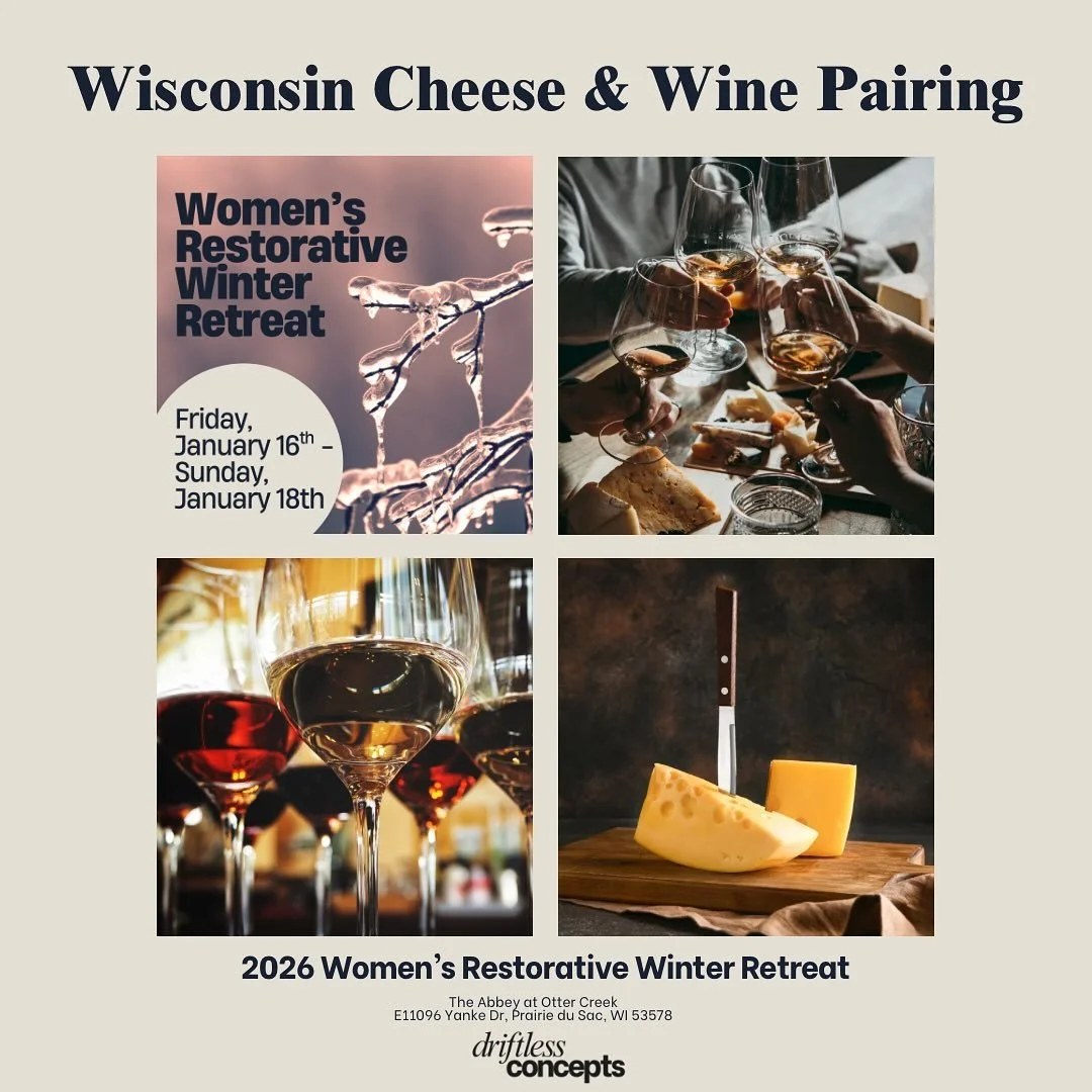 🧀 Friday, January 16th we&rsquo;re going to kick off the retreat with a Wisconsin cheese &amp; wine pairing!! 

🍷 Have an extra glass of wine and catch up with a friend at our all-inclusive Women&rsquo;s Restorative Winter Retreat - See you there!
