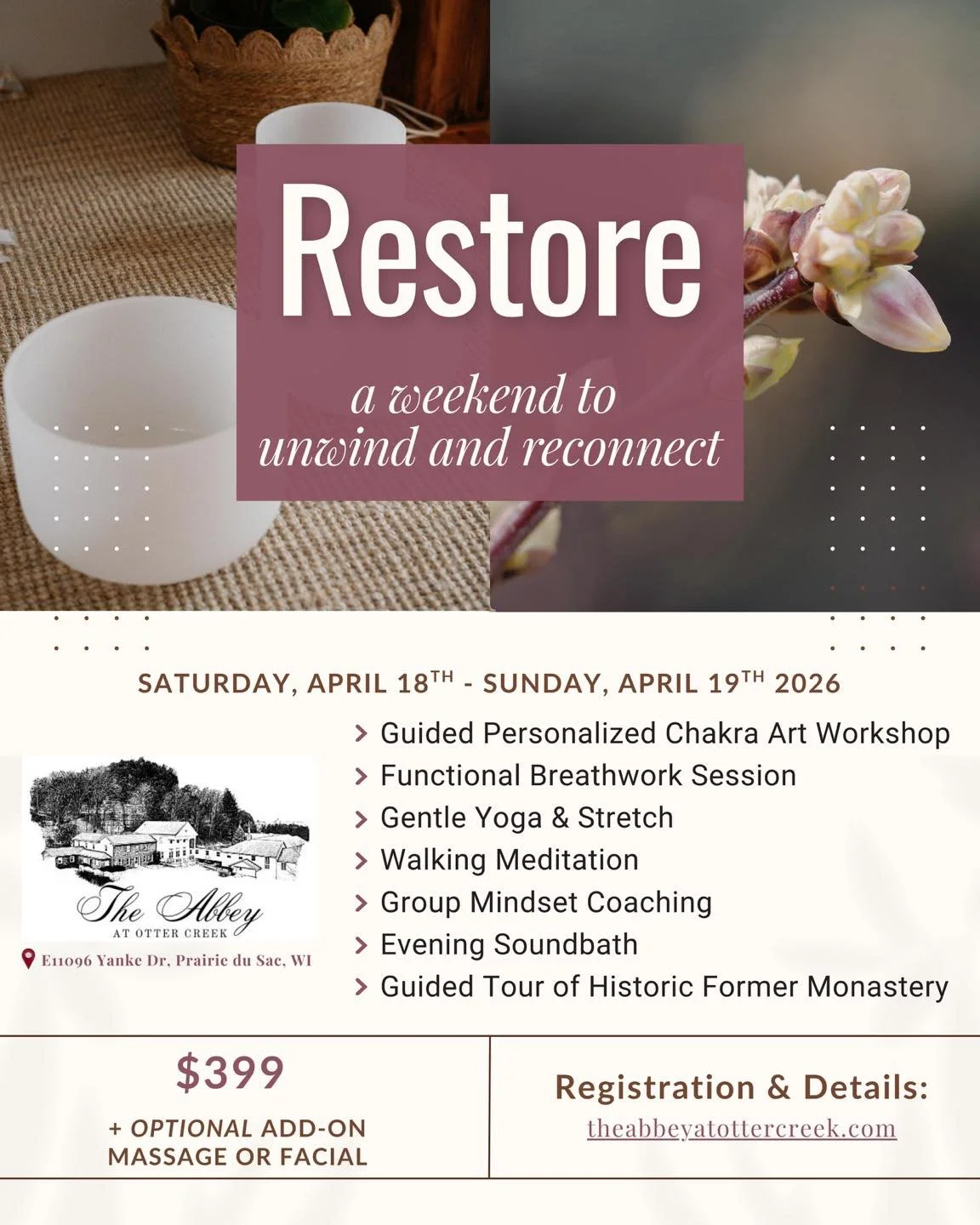 👀📅 Look what we found!! 

Restore at The Abbey at Otter Creek is a one-night ✨FULLY IMMERSIVE✨retreat happening at The Abbey at Otter Creek in April!

$399 gets you two days and one night in a private room - all meals, workshops &amp; experiences i