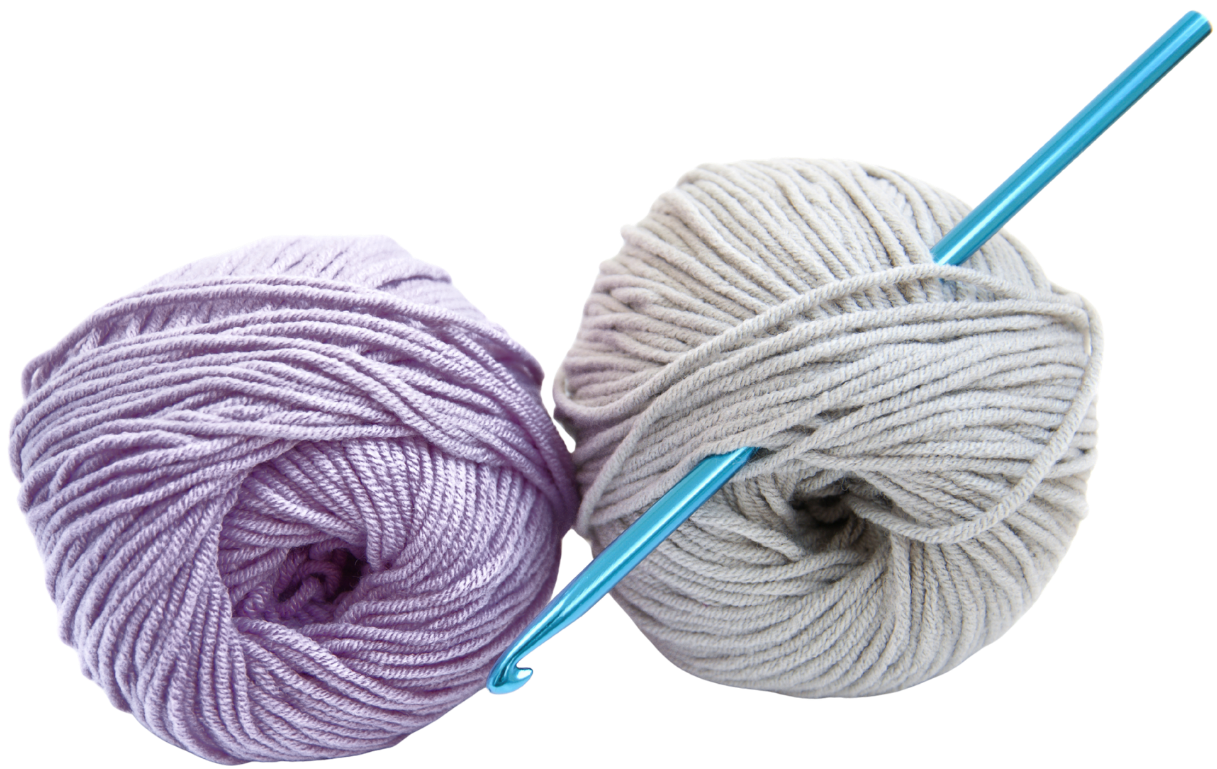 Two balls of yarn, one purple and one off-white, with a blue crochet hook inserted into the off-white yarn.