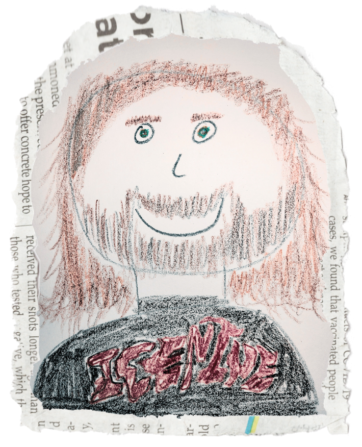 Drawing of a person with shoulder-length hair, a beard, and big eyes, smiling. They are wearing a shirt with the word "LOVELY" written on it in red.