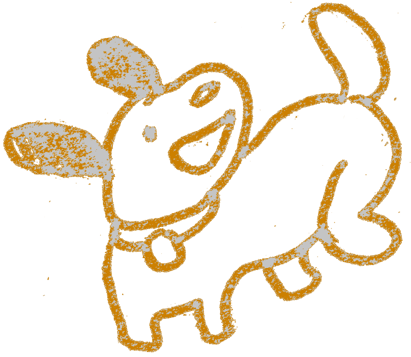 A simple line drawing of a puppy with floppy ears and a collar, outlined in orange on a black background.