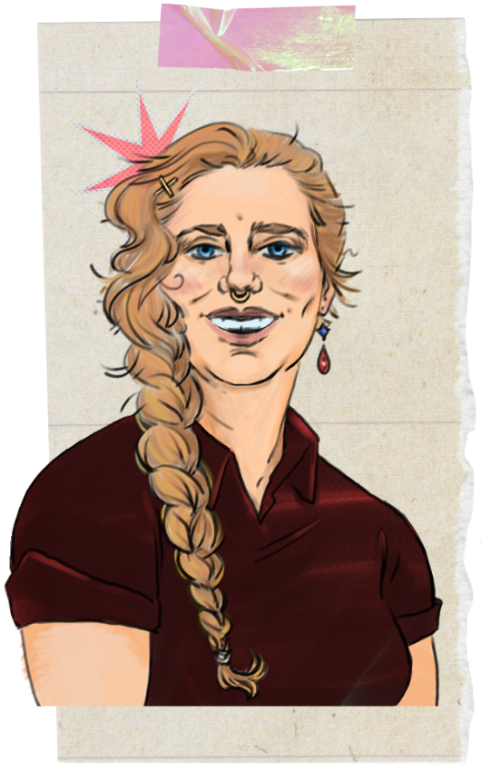 A digital illustration of a woman with red hair styled in a loose braid, wearing a dark burgundy shirt, gold hairpin, nose ring, and a red teardrop earring, smiling with blue eyes, against a textured beige background with a pink starburst graphic behind her head.