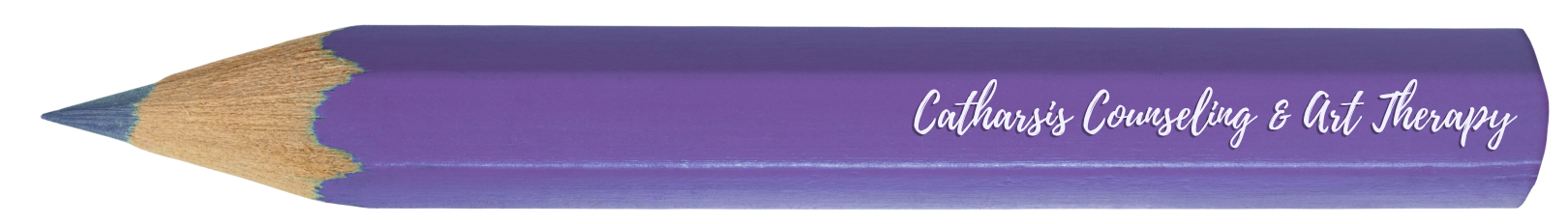 Pencil with a purple body and the words 'Catharsis Counseling & Art Therapy' written on it.