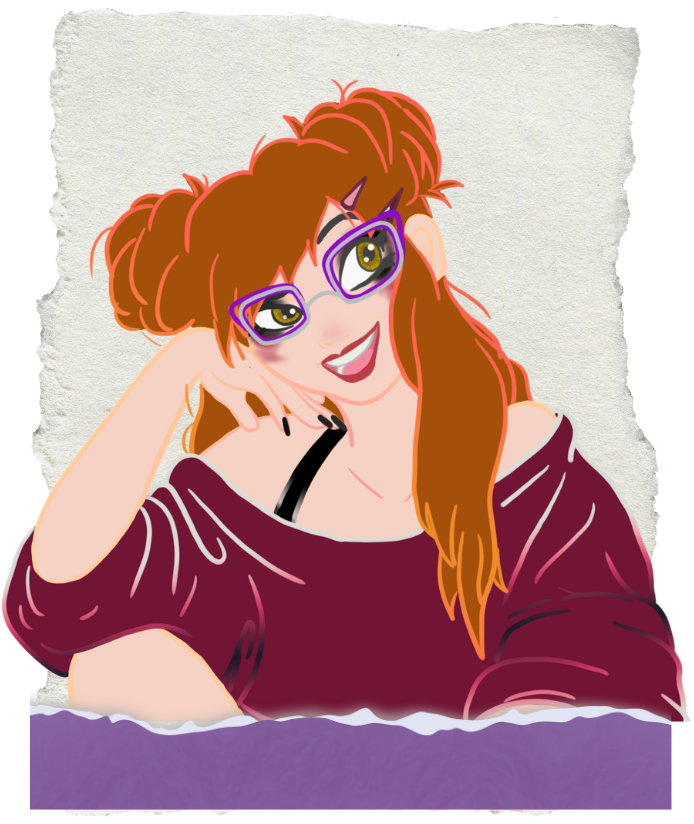 Cartoon woman with red hair, purple glasses, wearing a maroon off-shoulder top, smiling with her head resting on her hand.