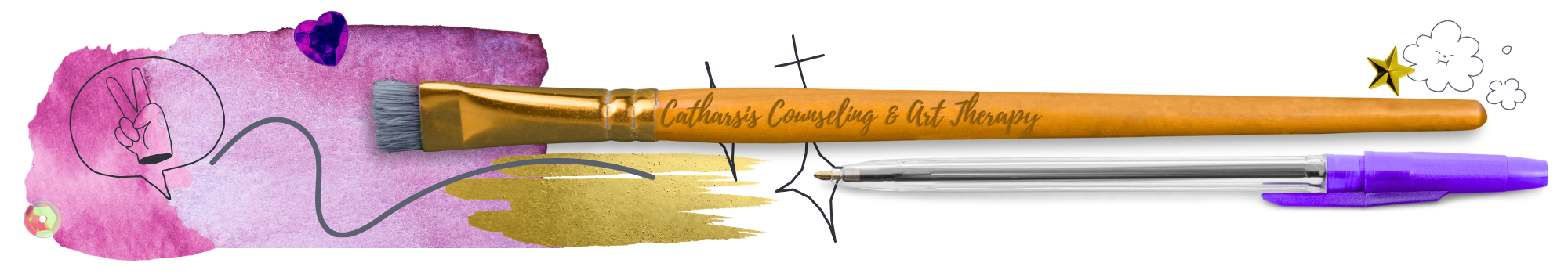 A pink watercolor background with a hand-drawn peace sign inside a speech bubble, glitter, purple heart, gold star, and a paintbrush. Text on the paintbrush reads 'Catharsis Counseling & Art Therapy,' a silver pen with purple grip, and a purple pen.
