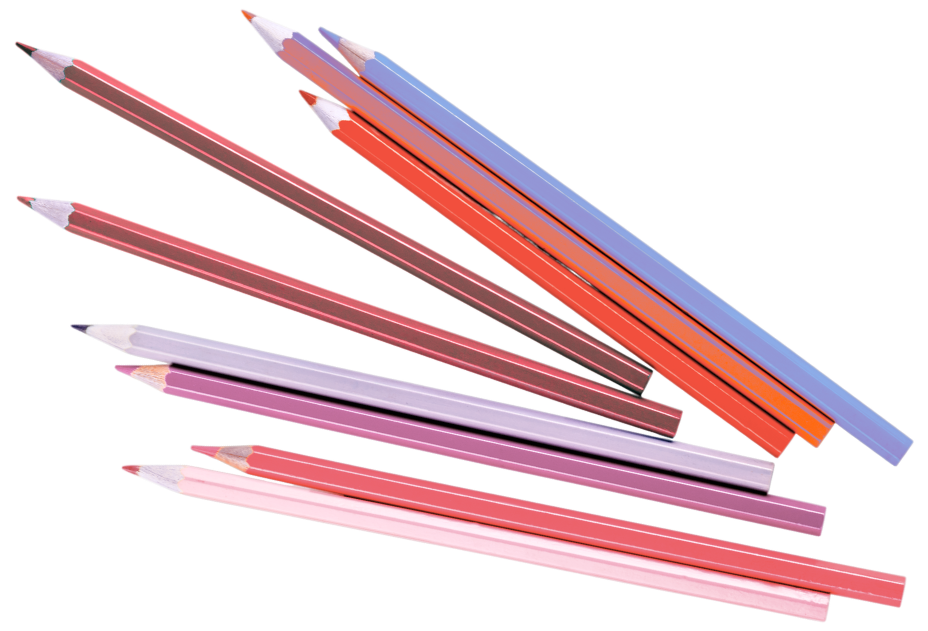 Five colored pencils in shades of purple, pink, red, blue, and orange arranged diagonally.