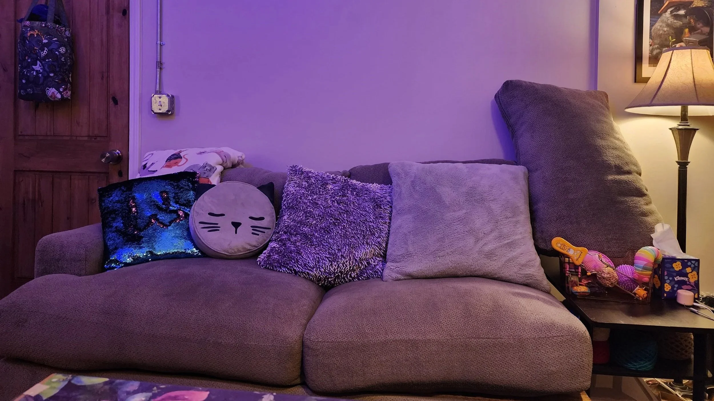 A beige sofa with five decorative pillows, including one with a cat face, in a living room illuminated by warm and purple lighting. To the right, there is a small black table with toys and a tissue box, and a lamp provides additional light. In the background, a framed picture hangs on the wall, and a wooden door with a backpack hanging on it is partially visible.