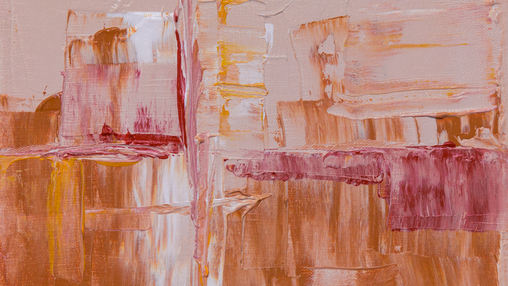 Abstract painting with thick brushstrokes in shades of pink, peach, white, and touches of yellow and red.