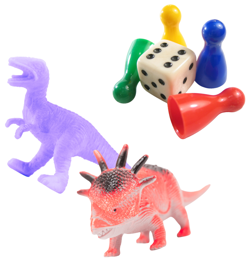 Colorful game pieces including a purple dinosaur, a green, yellow, blue, and red pawn, a white dice with black dots, and a pink dinosaur figurine with spikes.