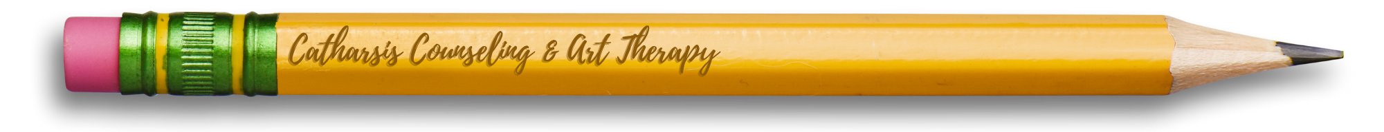 A yellow wooden pencil with a pink eraser and green ferrule, featuring the text 'Catharsis Counseling & Art Therapy' written along its side.