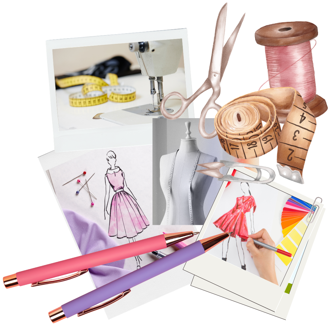 Fashion design workspace with sketches, fabric swatches, measuring tape, scissors, spools of thread, sewing machine, and pens.
