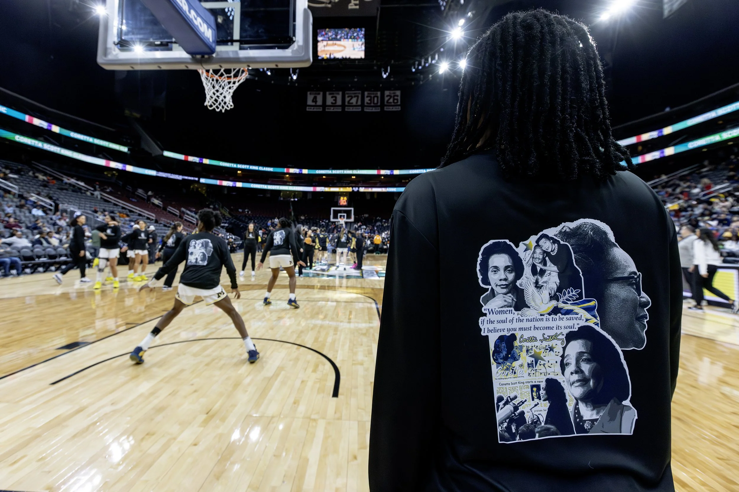Back of MLK day T-Shirt dedicated to Coretta Scott King, for team & coaches to wear for warm-ups for 1/19/2026 game